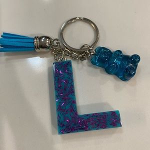 Handmade resin blue and pink L keychain with resin gummy bear and tassel